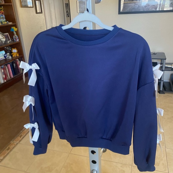 SHEIN Sweaters - SHEIN Blue and White Crew Neck Sweater with Bow Details